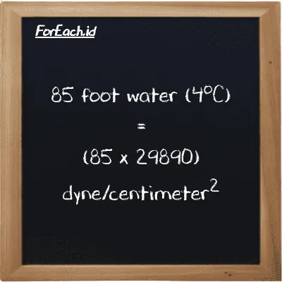 Cara konversi kaki air (4<sup>o</sup>C) ke dyne/centimeter<sup>2</sup> (ftH2O ke dyn/cm<sup>2</sup>): 85 kaki air (4<sup>o</sup>C) (ftH2O) setara dengan 85 dikalikan dengan 29890 dyne/centimeter<sup>2</sup> (dyn/cm<sup>2</sup>)